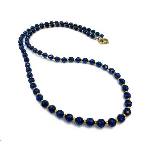 Blue Amber Faceted Round Beads Necklace 14k Gold Plated