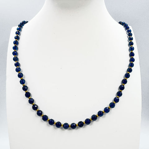 Blue Amber Faceted Round Beads Necklace 14k Gold Plated