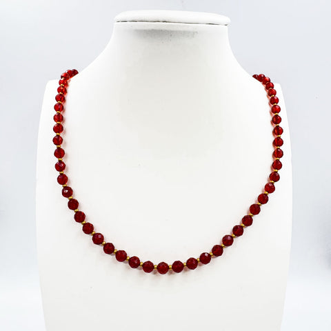 Red Amber Faceted Round Beads Necklace 14k Gold Plated