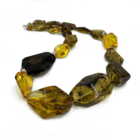 Multi-Color Amber Faceted Nugget Beads Necklace Sterling Silver
