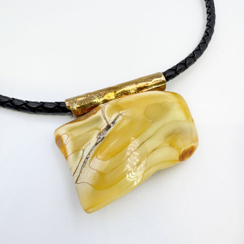 Milky Amber Free Shape Pendant Necklace With Leather