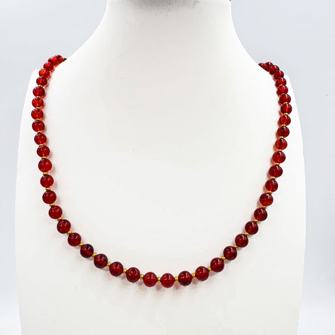 Red Amber Round Beads Necklace 14k Gold Plated