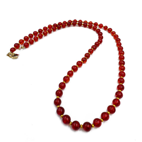 Red Amber Round Beads Necklace 14k Gold Plated