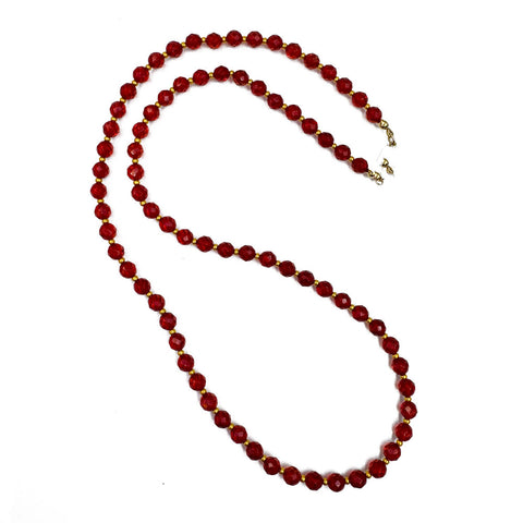 Red Amber Faceted Round Beads Necklace 14k Gold Plated