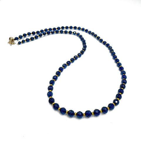 Blue Amber Faceted Round Beads Necklace 14k Gold Plated