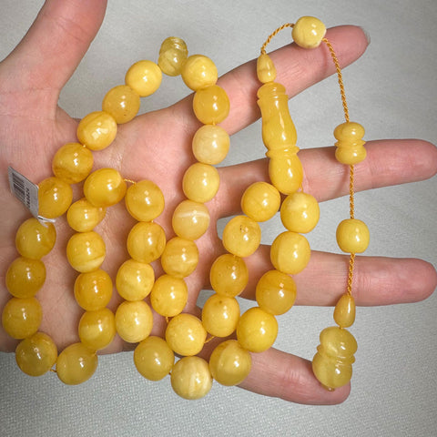 Yellow With White Amber Egg Shape 12 mm Islamic Prayer Beads