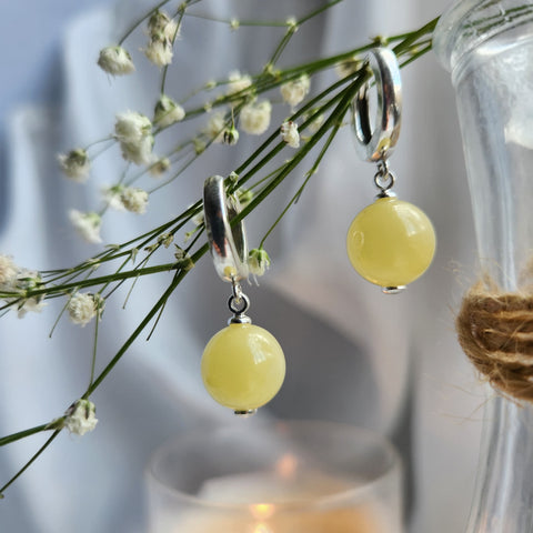 Milky Amber Round Dangle Earrings Sterling Silver