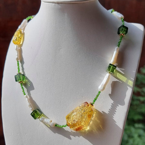 Lemon & Green Amber & Pearl Nugget Beads Necklace
