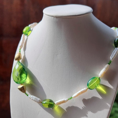 Green Amber & Pearls Nugget Beads Necklace