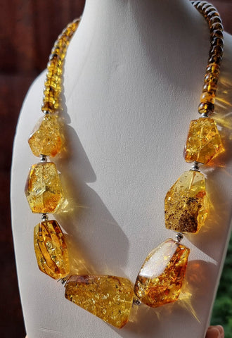 Fossil Amber Faceted Nugget Beads Necklace Sterling Silver
