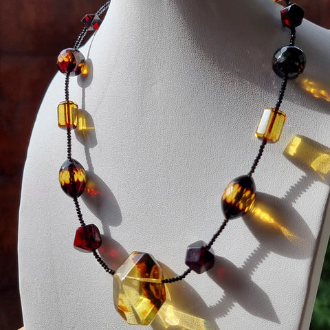 Multi-Color Amber Olive & Barrel Beads Necklace