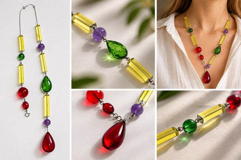 Multi-Color Amber Beads Necklace Stainless Steel