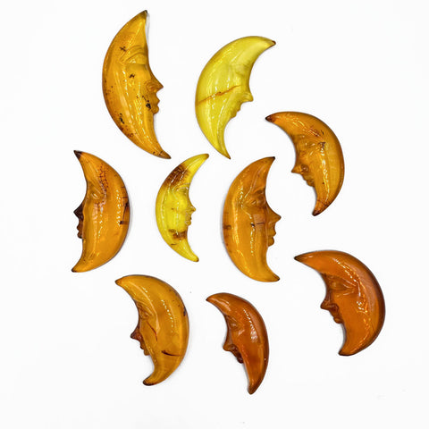Cognac Amber Carved Moon Cabochons