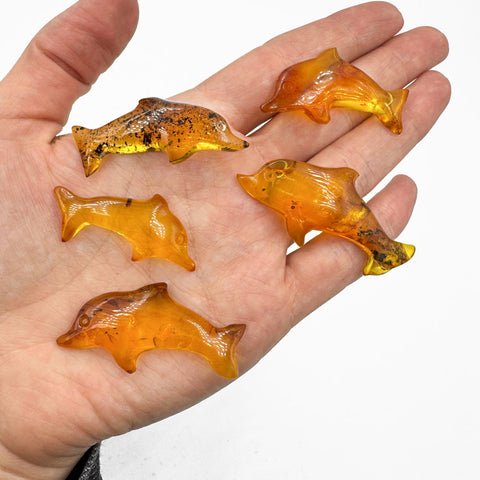 Fossil Amber Handmade Carved Dolphin Cabochons