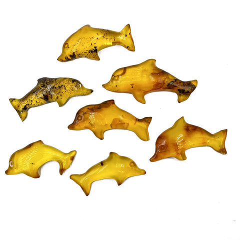 Fossil Amber Handmade Carved Dolphin Cabochons