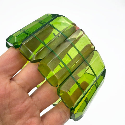 Green Amber Faceted Rectangular Beads Stretch Bracelet