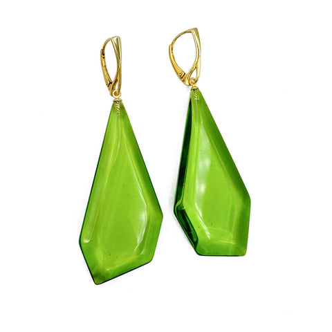 Green Amber Crystal Dangle Earrings 14k Gold Plated