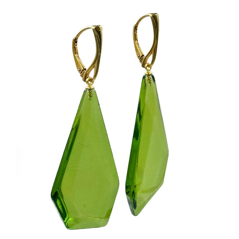 Green Amber Crystal Dangle Earrings 14k Gold Plated