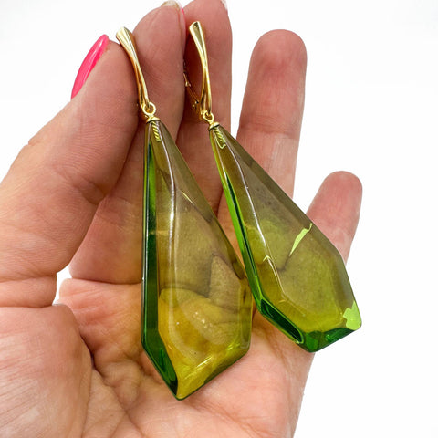 Green Amber Crystal Dangle Earrings 14k Gold Plated