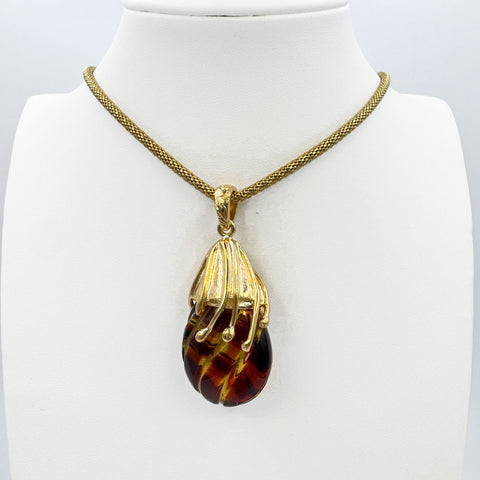 Carved Amber Drop Shape Pendant 14k Gold Plated