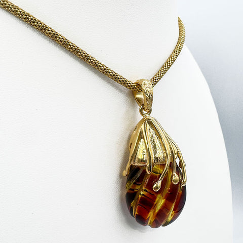 Carved Amber Drop Shape Pendant 14k Gold Plated