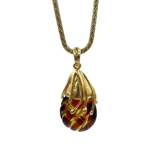 Carved Amber Drop Shape Pendant 14k Gold Plated