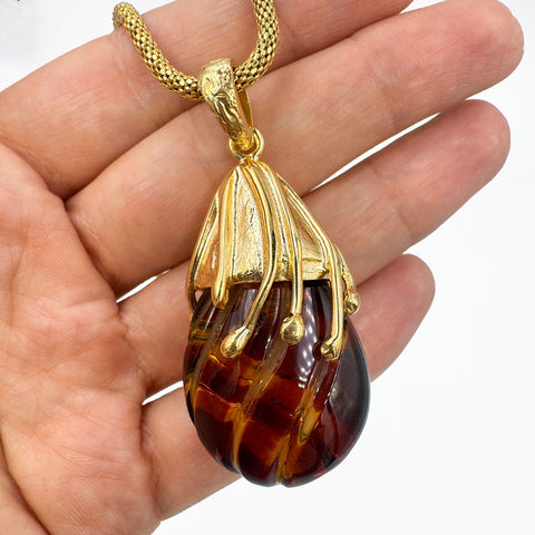 Carved Amber Drop Shape Pendant 14k Gold Plated