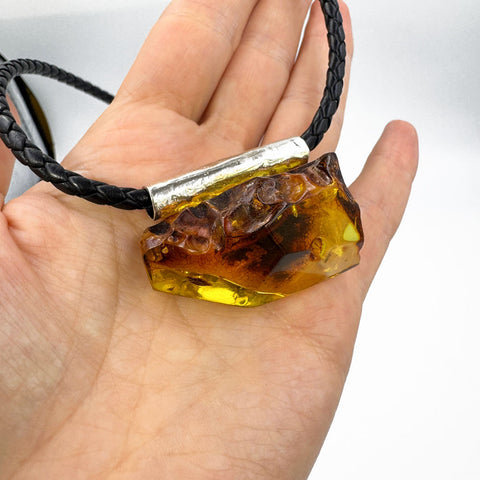 Cognac Amber Free Shape Pendant Necklace With Leather