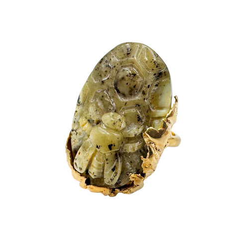 Milky Amber Carved Bee Adjustable Ring 14K Gold Plated