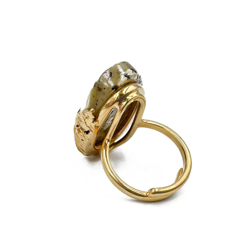 Milky Amber Carved Bee Adjustable Ring 14K Gold Plated