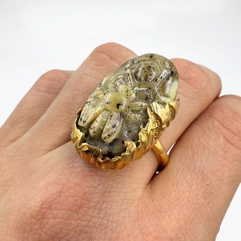 Milky Amber Carved Bee Adjustable Ring 14K Gold Plated