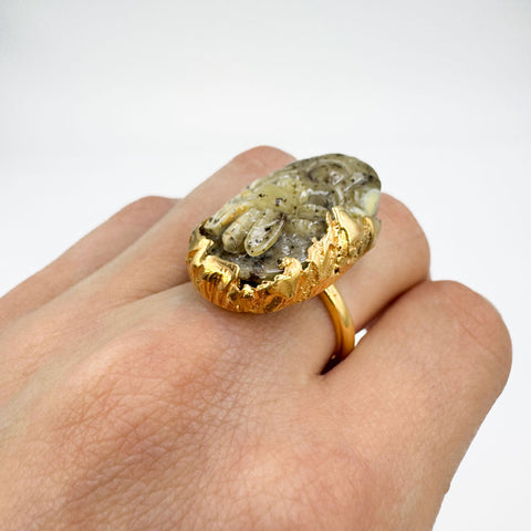 Milky Amber Carved Bee Adjustable Ring 14K Gold Plated