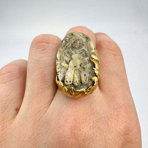 Milky Amber Carved Bee Adjustable Ring 14K Gold Plated