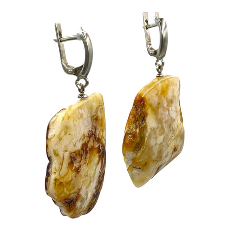 Milky Amber Slab Dangle Earrings Sterling Silver
