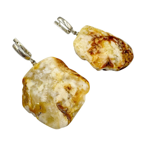 Milky Amber Slab Dangle Earrings Sterling Silver