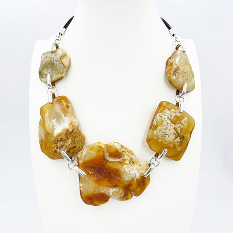 Milky Amber Slab Beads Necklace Sterling Silver