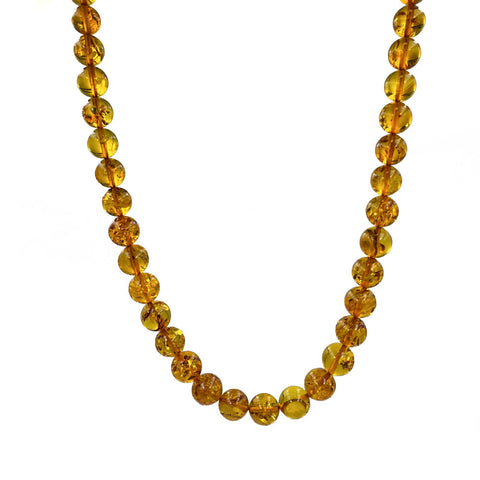 Cognac Amber Round Beads Necklace Sterling Silver