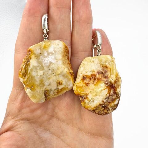 Milky Amber Slab Dangle Earrings Sterling Silver