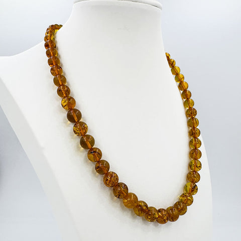 Cognac Amber Round Beads Necklace Sterling Silver