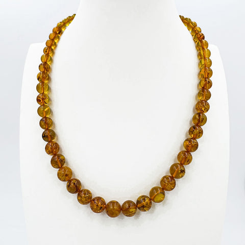 Cognac Amber Round Beads Necklace Sterling Silver