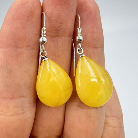Milky Amber Drop Dangle Earrings Sterling Silver