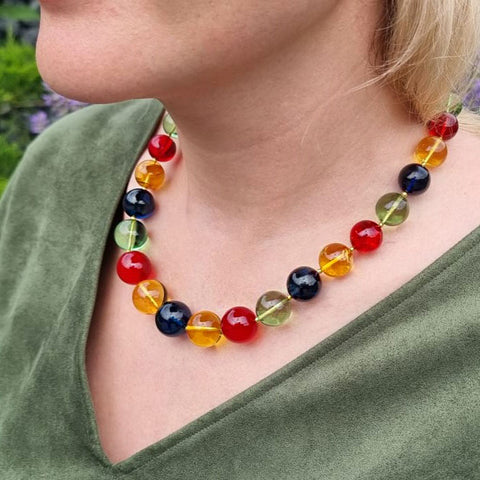 Multi-Color Amber Round Beads Necklace 14k Gold Plated