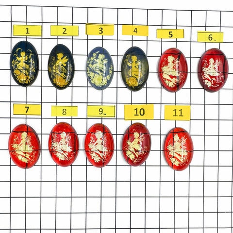 Red & Blue Amber Engraved Fairies Oval Shape Cabochons