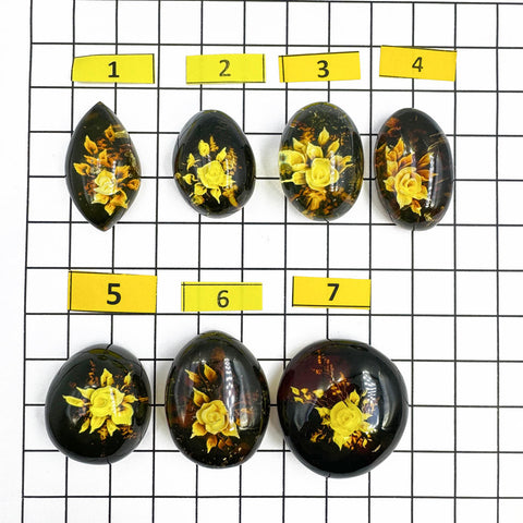 Cherry Amber Engraved Roses Oval Shape Cabochons