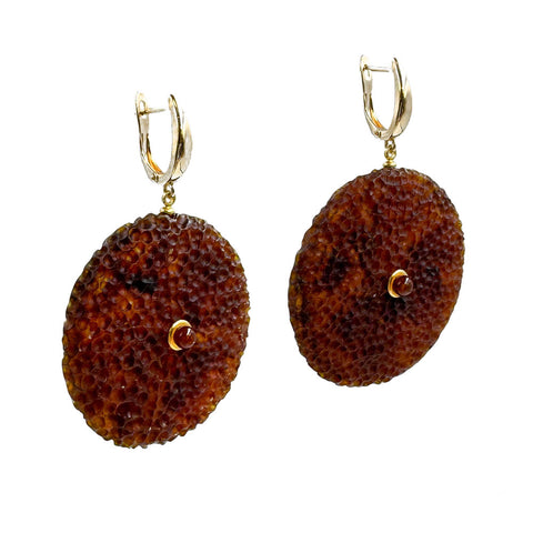 Cognac Amber Tablet Dangle Earrings 14K Gold Plated