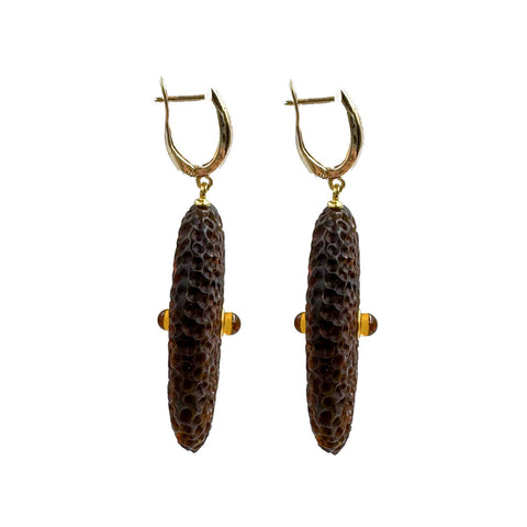 Cognac Amber Tablet Dangle Earrings 14K Gold Plated