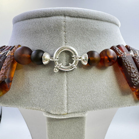 Cognac Amber Crystal Beads Necklace Sterling Silver