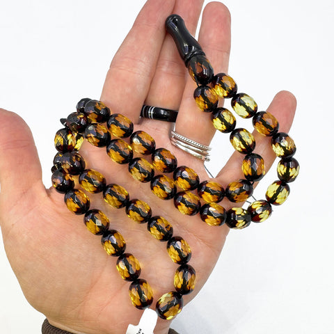 Two Toned Amber Faceted Olive Shape 9x11.5 mm Islamic Prayer Beads