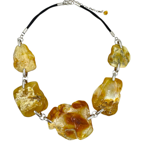 Milky Amber Slab Beads Necklace Sterling Silver