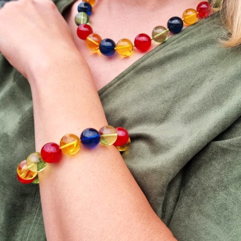 Multi-Color Amber Round Beads Stretch Bracelet